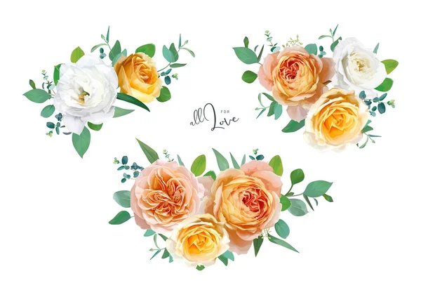 Blumenstrauß Pfirsichorange Gelbe Rosenblüten Weiße Lisanthus Grüne Eukalyptusblätter Zweigvektorillustration Editierbar — Stockvektor
