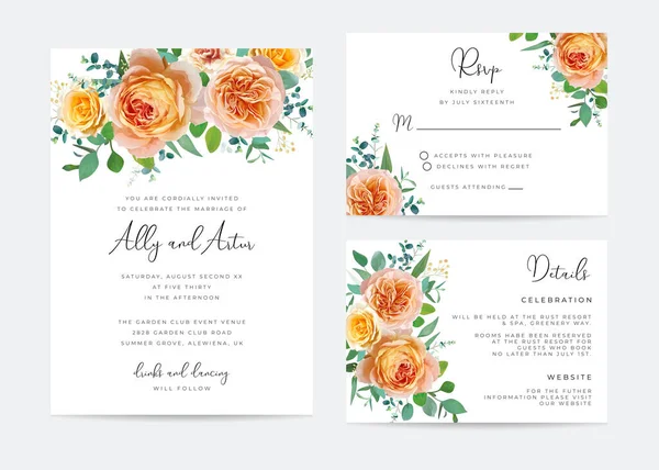 Blommigt Bröllop Inbjudan Rsvp Detaljer Kort Persika Orange Gul Färg — Stock vektor