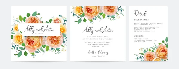 Florale Quadratische Hochzeitseinladung Detailkarte Pfirsichorange Gelbe Farbe Rosenblüten Grüne Eukalyptuszweige — Stockvektor