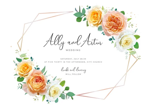 Elegant Floral Wedding Invite Date Card Delicate Peach Orange White — Stock Vector