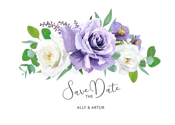 Elegantes Aquarellfarbenes Lila Weißes Bouquet Speichern Sie Die Datumskartenvorlage Rosenblüten — Stockvektor