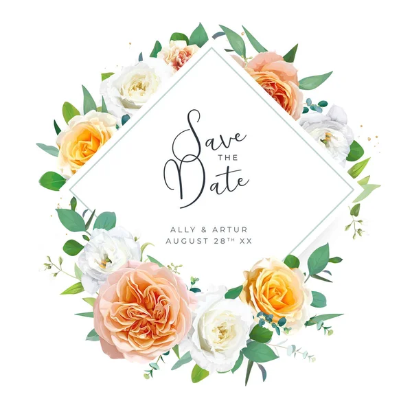結婚式は日付カードを保存します エレガントな花の水彩桃のオレンジ 黄色の庭のバラ 白ジャスミン ユーカリの葉のリース ユーカリの花 編集可能な花束フレームベクトルイラスト — ストックベクタ
