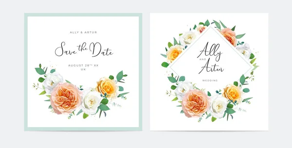 エレガントな花の結婚式の招待状は 日付カードセットを保存します 水彩桃 黄色の庭 白の花 緑のユーカリの葉の花輪 黄金の装飾が施された花束をバラ 編集可能なベクトル図 — ストックベクタ