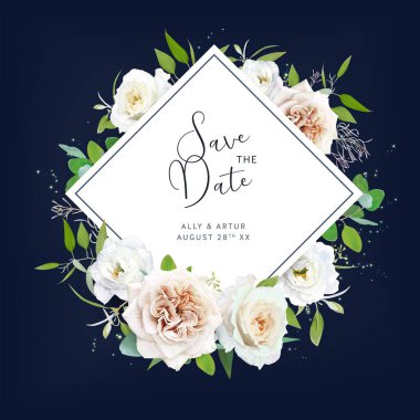 Vektör sanat çiçekli düğün davetiyesi, randevu kartını kendine sakla. Suluboya tozu beyaz gül çiçeği, yeşil okaliptüs yapraklı buket, lacivert arka planda parlak parlak çizimler. Düzenlenebilir şablon