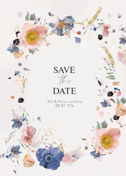 エレガントな花の結婚式は 日付ベクトルカードテンプレートを保存します ピンク ほこりっぽい青のイソギンチャクの花 白いアジサイの花びら 黄金の輝き 水彩手描きの花束花輪フレームイラスト — ストックベクタ