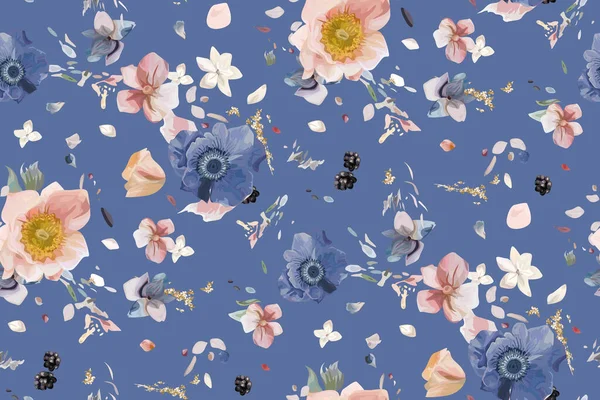 Patrón Floral Sin Costuras Azul Polvoriento Flores Anémonas Color Rosa — Vector de stock