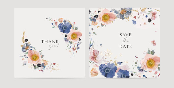 Приглашение на свадьбу сохранить набор карт даты. Цветы пастельные цветочные акварельные. Цветочный вектор иллюстрации. Пыльный синий, розовый анемон, белые лепестки гортензии, ежевика, золотой букет букет венок рамка