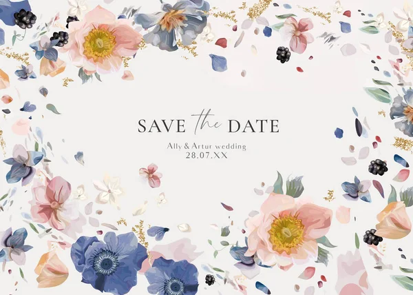 結婚式は 日付カードを保存招待します パステルフラワー水彩の花 編集可能なベクトルイラスト ほこりっぽい青 ピンクのアネモネ 白いアジサイの花びら ブラックベリー 黄金の輝きの花束の花輪 フレーム — ストックベクタ