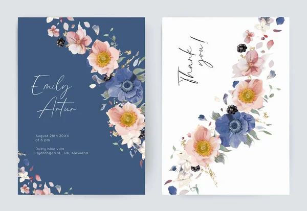 パステル結婚式はカードセットを招待します ほこりっぽい青 ピンクのイソギンチャクの花 緑の葉 ブラックベリー 白いアジサイの花びら 黄金の輝きは花束 花輪を振りかける 編集可能 水彩ベクトルイラスト — ストックベクタ