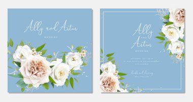 Mavi düğün davetiyesi, tarih kartlarını sakla. Suluboya çiçekleri. Düzenlenebilir, çiçekli vektör çizimi. Tarafsız, taupe bej, krem beyaz güller, Eustoma, yeşillik, yeşil okaliptüs yaprakları