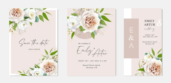 Florale Hochzeit Einladen Einladungskarte Aquarellstil Beige Elfenbeinweiße Farbe Rosenblüten Eustoma — Stockvektor