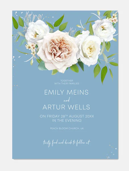 エレガントなブルーの結婚式がカードを招待します ウォーターカラーブーケ フローラルベクターイラスト 中立ベージュ ホワイト 黄色いバラ エストマ ワックスの花 緑のユーカリの葉 — ストックベクタ