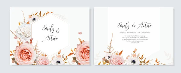 Elegant Wedding Vector Invite Golden Floral Geometrical Frame Peach Pink — Stock Vector