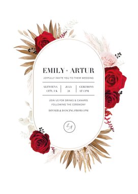 Bohem, çiçekli, oval çerçeveli kırmızı güller, pampalar ve kuru palmiye yaprakları. Güzel suluboya stili zarif çiçekler, bitkiler. Düzenlenebilir vektör çizimi. Klasik, düğün davetiyesi, parti tebriği