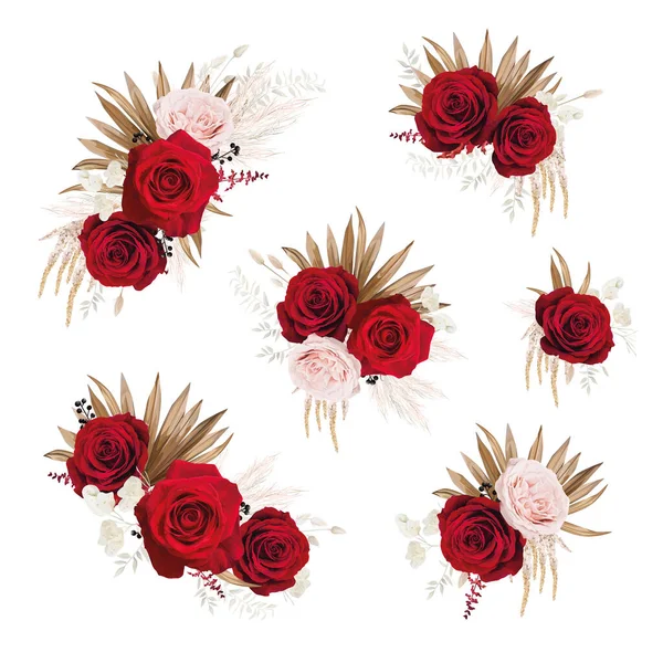 Bohém Virágcsokor Vörös Rózsával Pampafű Gyönyörű Akvarell Stílusú Elegáns Virágok Stock Illusztrációk