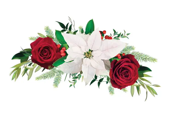 Újév Vörös Rózsa Virágok Poinsettia Karácsonyfa Bogyó Levelek Csokor Téli Jogdíjmentes Stock Vektorok