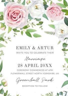 Spring, summer wedding invite design. Elegant watercolor floral save the date card template. Pink, white roses, green eucalyptus branches, leaves, seeds bouquet frame. Editable vector art illustration. Delicate blush botanical drawing clipart