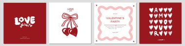 Sevgililer Günü tebrik kartı seti. Romantik, el çizimi kalp deseni, kiraz, yay, seni seviyorum hat sanatı, dalgalı desenli çerçeve. Pembe, kırmızı renkte vektör illüstrasyonu. Parti davet şablonu tasarımı 