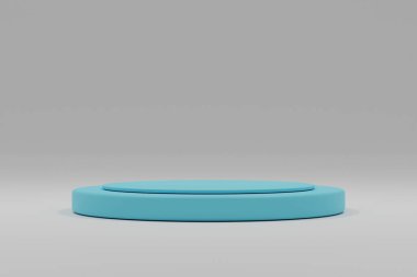 Ticari ürünlerin sunumu için yuvarlak bir podyumu olan minimalist bir sahne. Kozmetik ürünleri için. Asgari 3D görüntüleme. Yumuşak renklerde silindir podyum. 3d resimleme