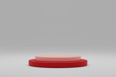 Ticari ürünlerin sunumu için yuvarlak bir podyumu olan minimalist bir sahne. Kozmetik ürünleri için. Asgari 3D görüntüleme. Yumuşak renklerde silindir podyum. 3d resimleme