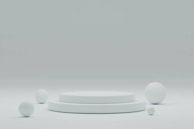 Ticari ürünlerin sunumu için yuvarlak bir podyumu olan minimalist bir sahne. Kozmetik ürünleri için. Asgari 3D görüntüleme. Yumuşak renklerde silindir podyum. 3d resimleme