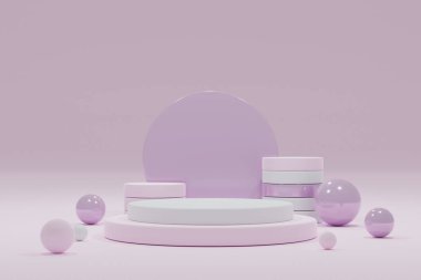 Ticari ürünlerin sunumu için yuvarlak bir podyumu olan minimalist bir sahne. Kozmetik ürünleri için. Asgari 3D görüntüleme. Yumuşak renklerde silindir podyum. 3d resimleme