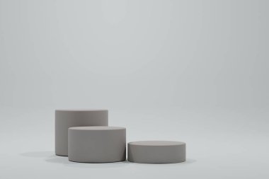 Ticari ürünlerin sunumu için yuvarlak bir podyumu olan minimalist bir sahne. Kozmetik ürünleri için. Asgari 3D görüntüleme. Yumuşak renklerde silindir podyum. 3d resimleme