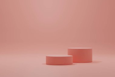 Ticari ürünlerin sunumu için yuvarlak bir podyumu olan minimalist bir sahne. Kozmetik ürünleri için. Asgari 3D görüntüleme. Yumuşak renklerde silindir podyum. 3d resimleme