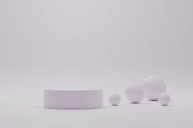 Ticari ürünlerin sunumu için yuvarlak bir podyumu olan minimalist bir sahne. Kozmetik ürünleri için. Asgari 3D görüntüleme. Yumuşak renklerde silindir podyum. 3d resimleme