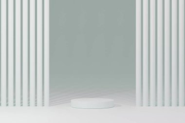 Podyum sahne kaidesi ya da platformu. Geometrik olan en küçük sahne. Asgari 3D görüntüleme. Soyut arkaplan. 3D görüntüleme. Geometrik şekilli sahne. 3d resimleme.