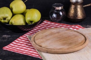 Wooden kitchen cutting board close-up