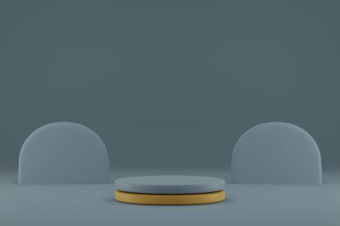 Geometric forms in modern minimal design. 3d rendering. Stage for advertising product display with copy space. Minimal empty background for product presentation. 3d render.Abstract room design.