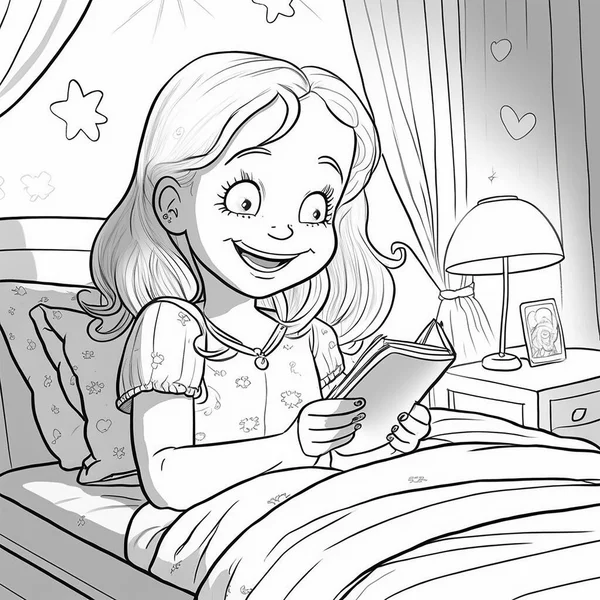 Girl in Bed Reading Book Coloring Book Style Art Illustration