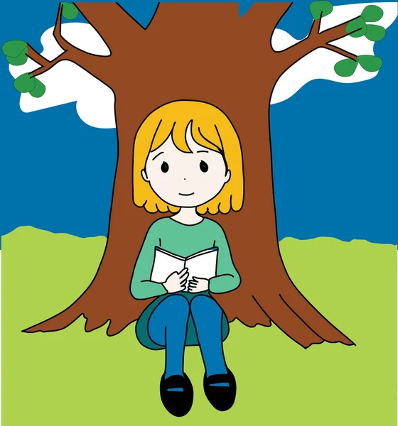 School Girl Reading Book Under Tree Illustration