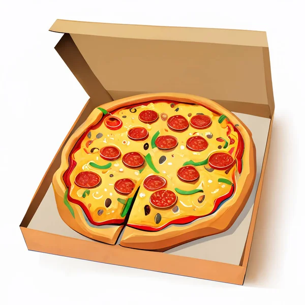 Cartoon Open Peperoni Pizza Box Nad Bílou — Stock fotografie