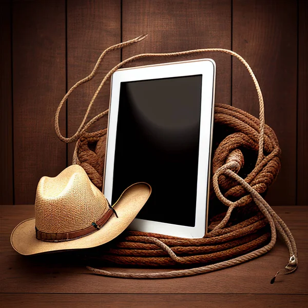 Leerbildschirm Tablet Auf Tisch Mit Cowboyhut Und Seil Digital Art Stockbild