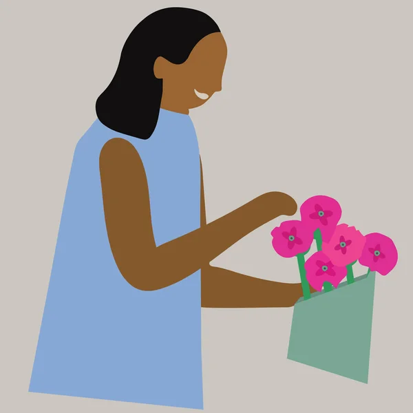 Selbstliebe Frau Kauft Sich Blumen Vektor Illustration Einfache Flache Kunst — Stockfoto