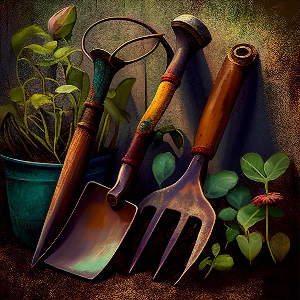 Arte Digital Pequeñas Herramientas Plantas Jardinería Ilustración —  Fotos de Stock