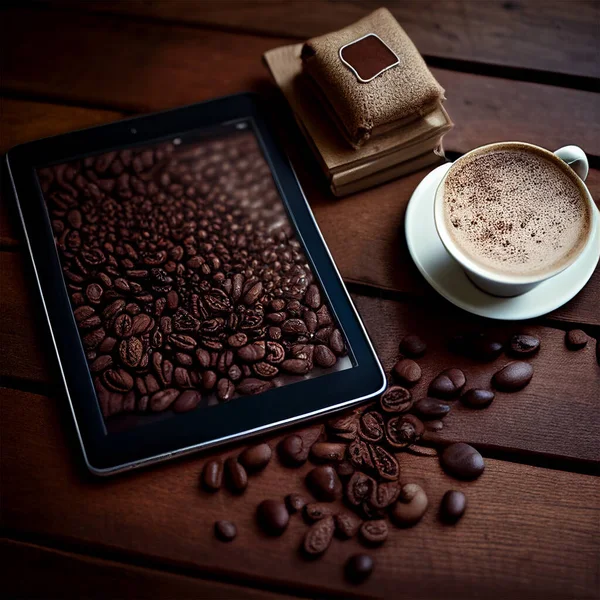 コーヒーとコーヒー豆とテーブルの上のコンピュータタブレットのデジタルアート — ストック写真