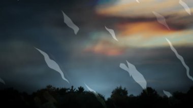 Karanlık doğa silueti ve hareketli çizgileri olan soyut renkli poster