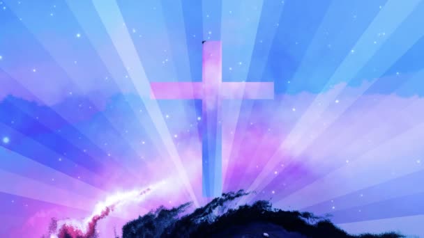 Święty Krzyż Chrześcijański Tle Koloru Błyszczącymi Promieniami Ruchomymi Gwiazdami Pętla — Wideo stockowe