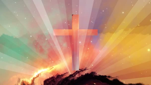 Святой Христианский Крест Цветном Фоне Сияющими Лучами Движущимися Звездами Петля — стоковое видео