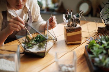Çiçekçide cam teraryumda küçük bir bahçe yapan zanaatkar kadının kısmi görüntüsü