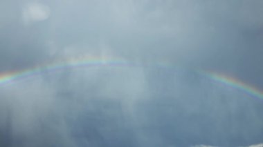 Gökkuşağının önünde uçan kuş ve gri gökyüzü, zaman aşımı