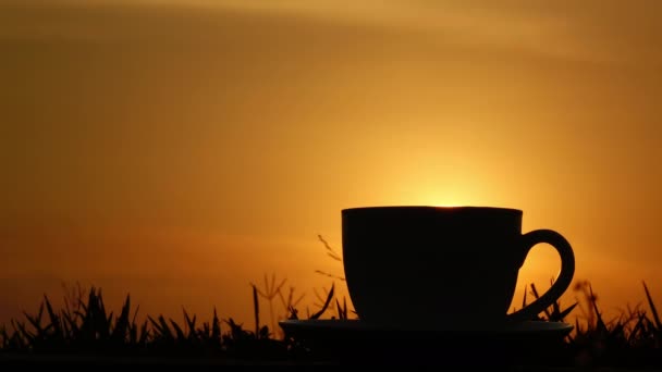 Šálek Kávy Ráno Slunce Vychází Časovým Odstupem — Stock video