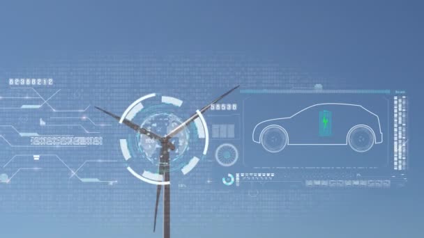 Electric Vehicle Car Hologram Wind Turbine Environment Ecology Sign Hologram — Video Stock