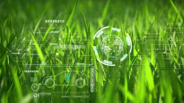 环境生态学标志全息图可持续清洁能源的绿色草地上的电动车 — 图库视频影像