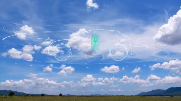 Veicolo Elettrico Auto Ologramma Sul Cielo Nuvola Time Lapse Con — Video Stock