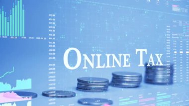 online tax text on coins stack increase with business data hologram. business growth concept.