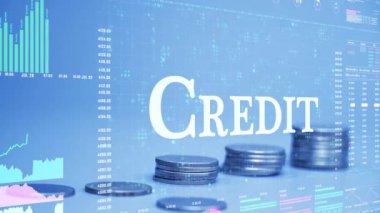 credit text on coins stack increase with business data hologram. business growth concept.